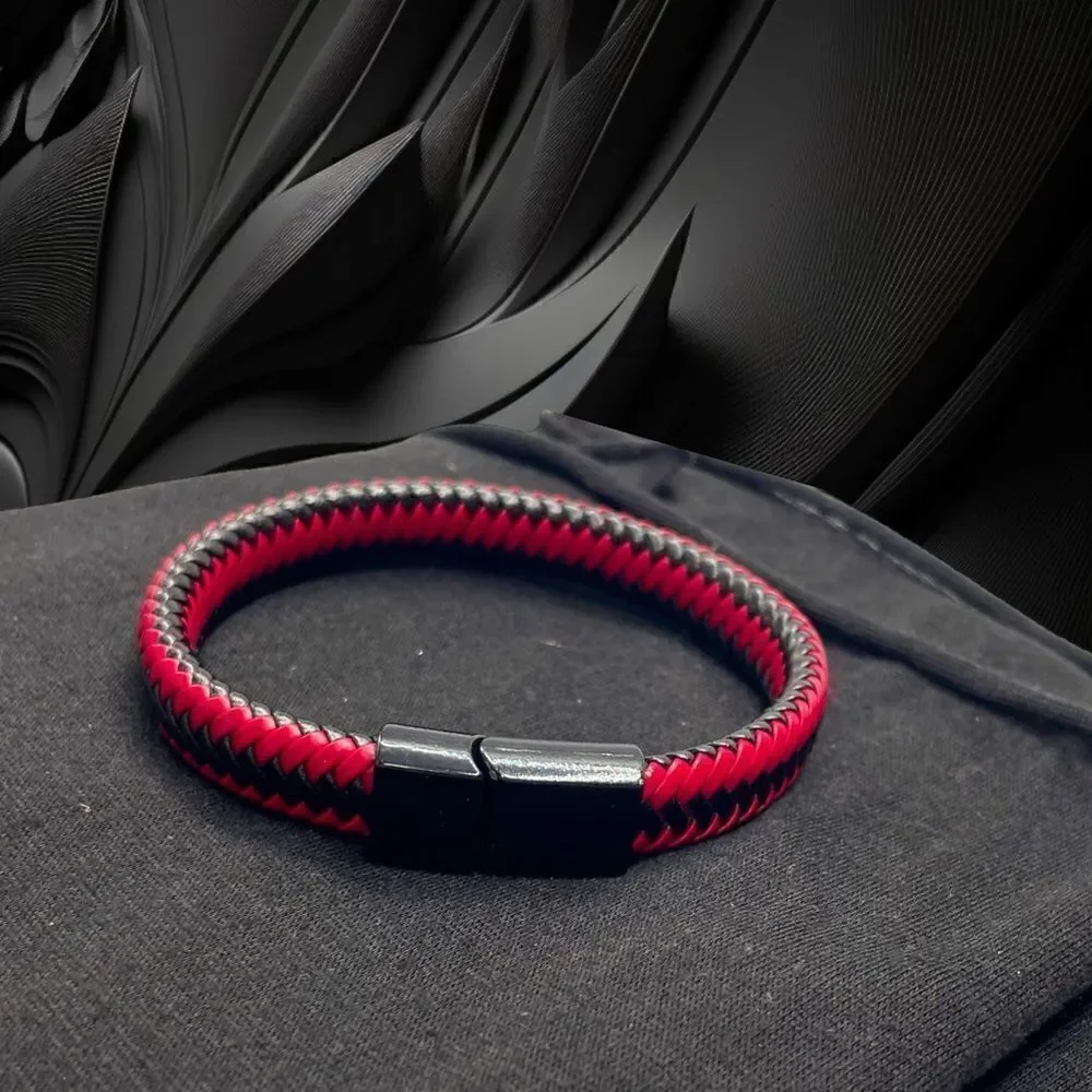 Men’s Braided Leather Bracelet l Magnetic Closure l Red/Black & Black l New